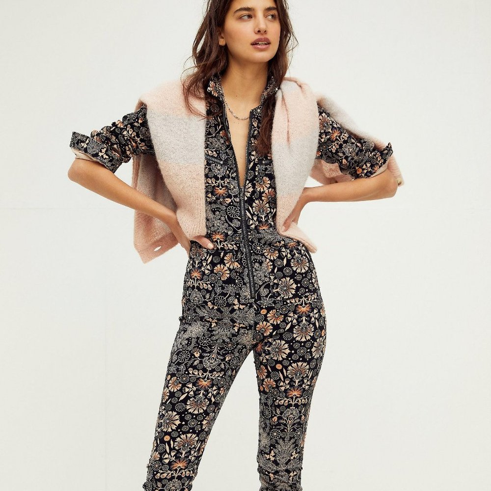 Free People Lennox cord jumpsuit with floral print